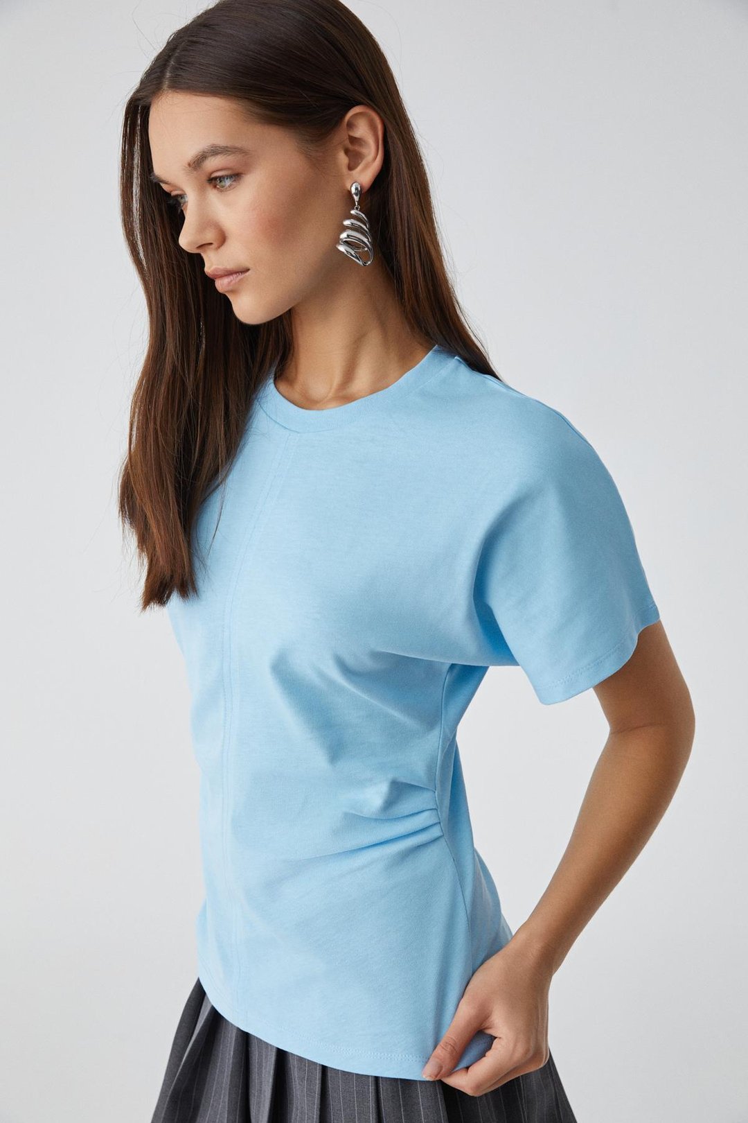NEXUS Kadın Regular Bisiklet Yaka Büzgü Mavi T-Shirt
