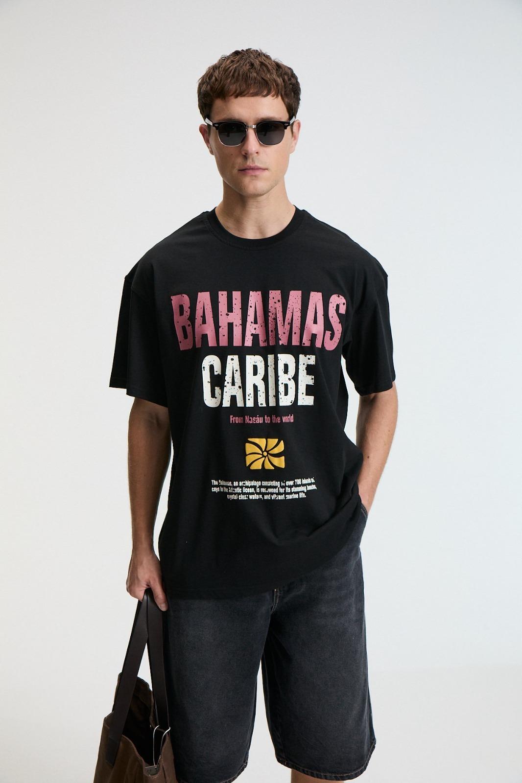 NIBBLE Erkek Oversize %100 Pamuk Baskılı Yuvarlak Yaka Siyah T-Shirt