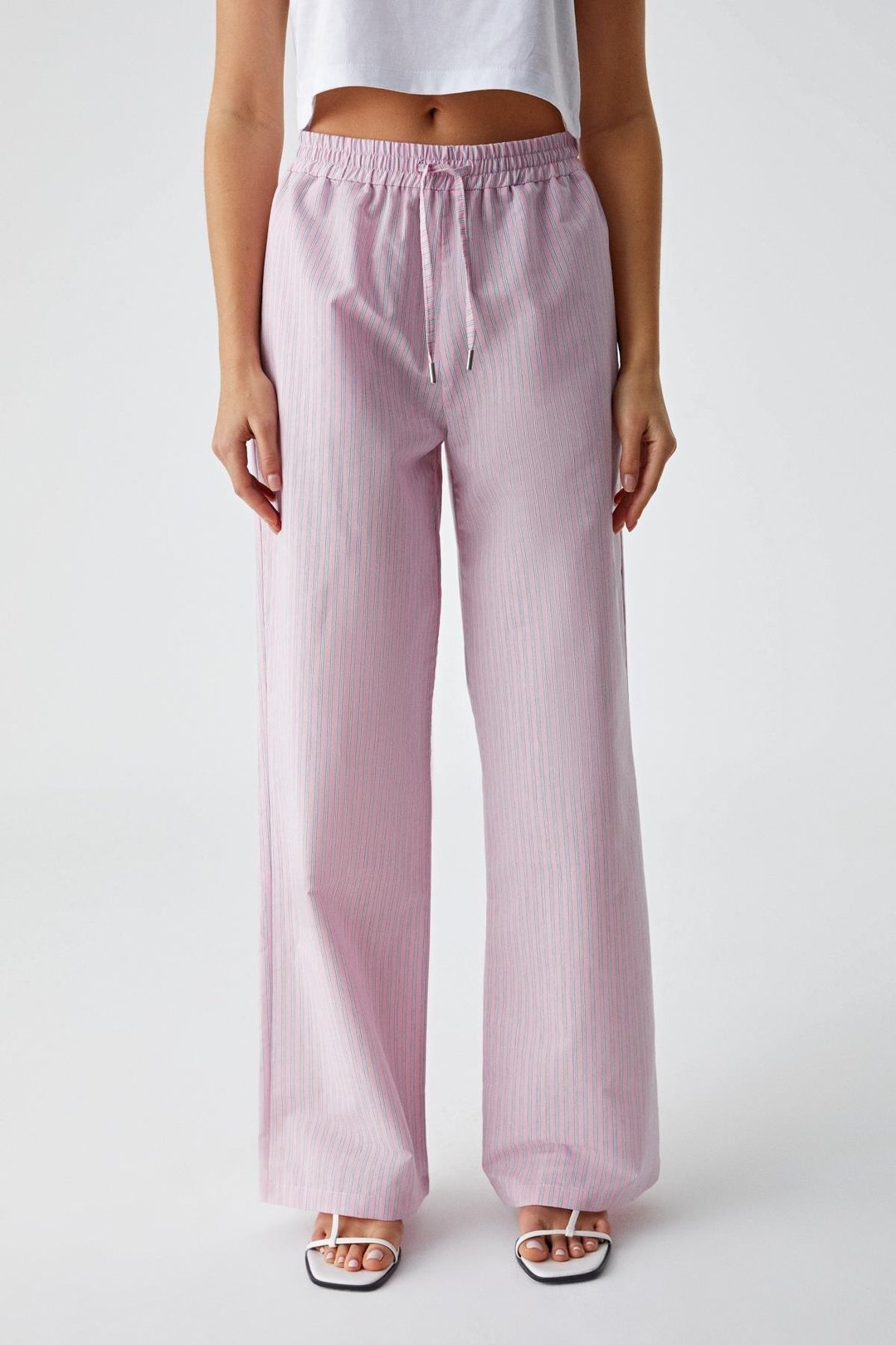 NILAH Kadın Oversize Yüksek Bel Geniş Paça Beyaz - Pembe Pantolon