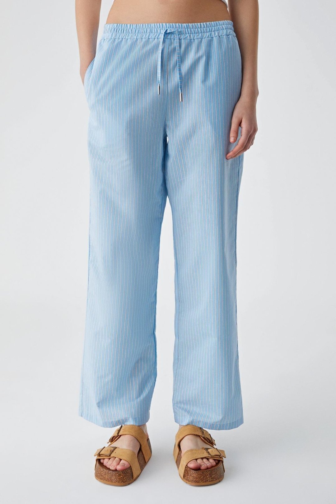 NILAH Kadın Oversize Yüksek Bel Geniş Paça Mavi - Beyaz Pantolon