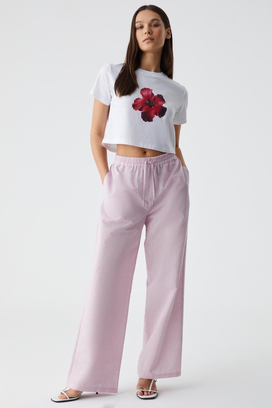 NILAH Kadın Oversize Yüksek Bel Geniş Paça Beyaz - Pembe Pantolon