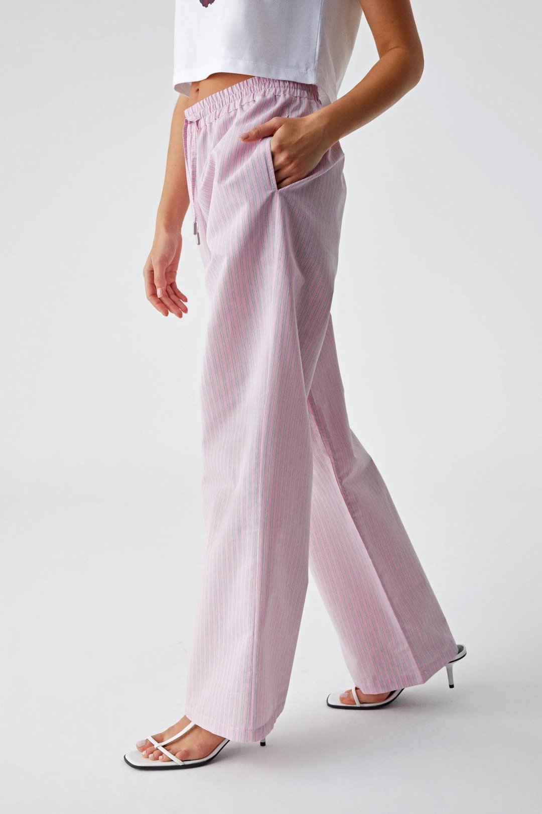 NILAH Kadın Oversize Yüksek Bel Geniş Paça Beyaz - Pembe Pantolon