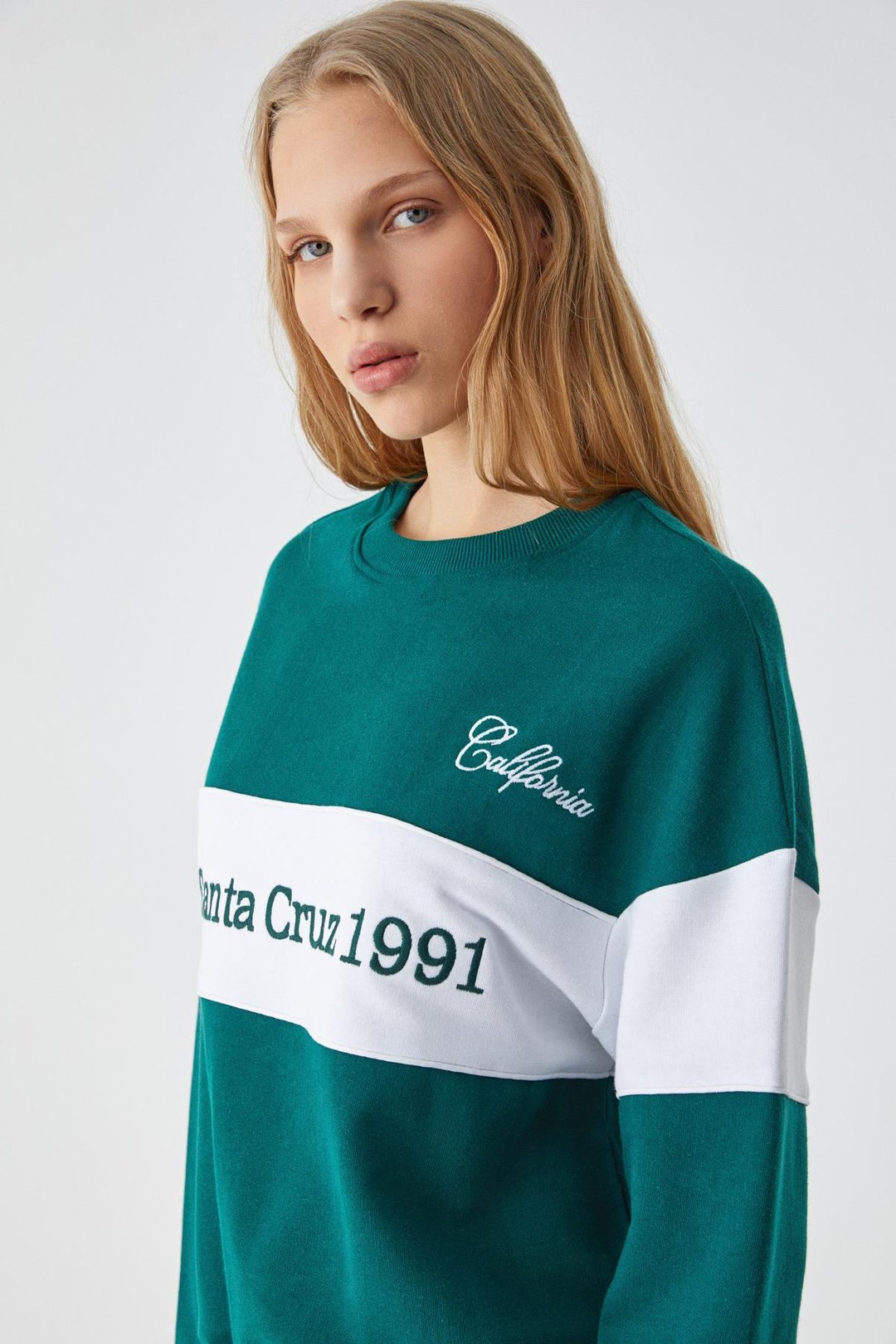 NINOSKA Kadın Oversize Bisiklet Yaka Beyaz - Yeşil Sweatshirt