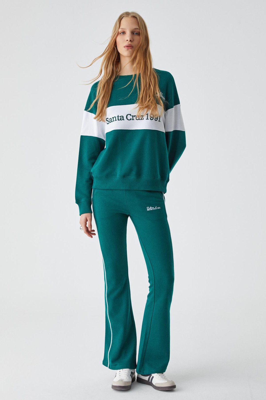 NINOSKA Kadın Oversize Bisiklet Yaka Beyaz - Yeşil Sweatshirt