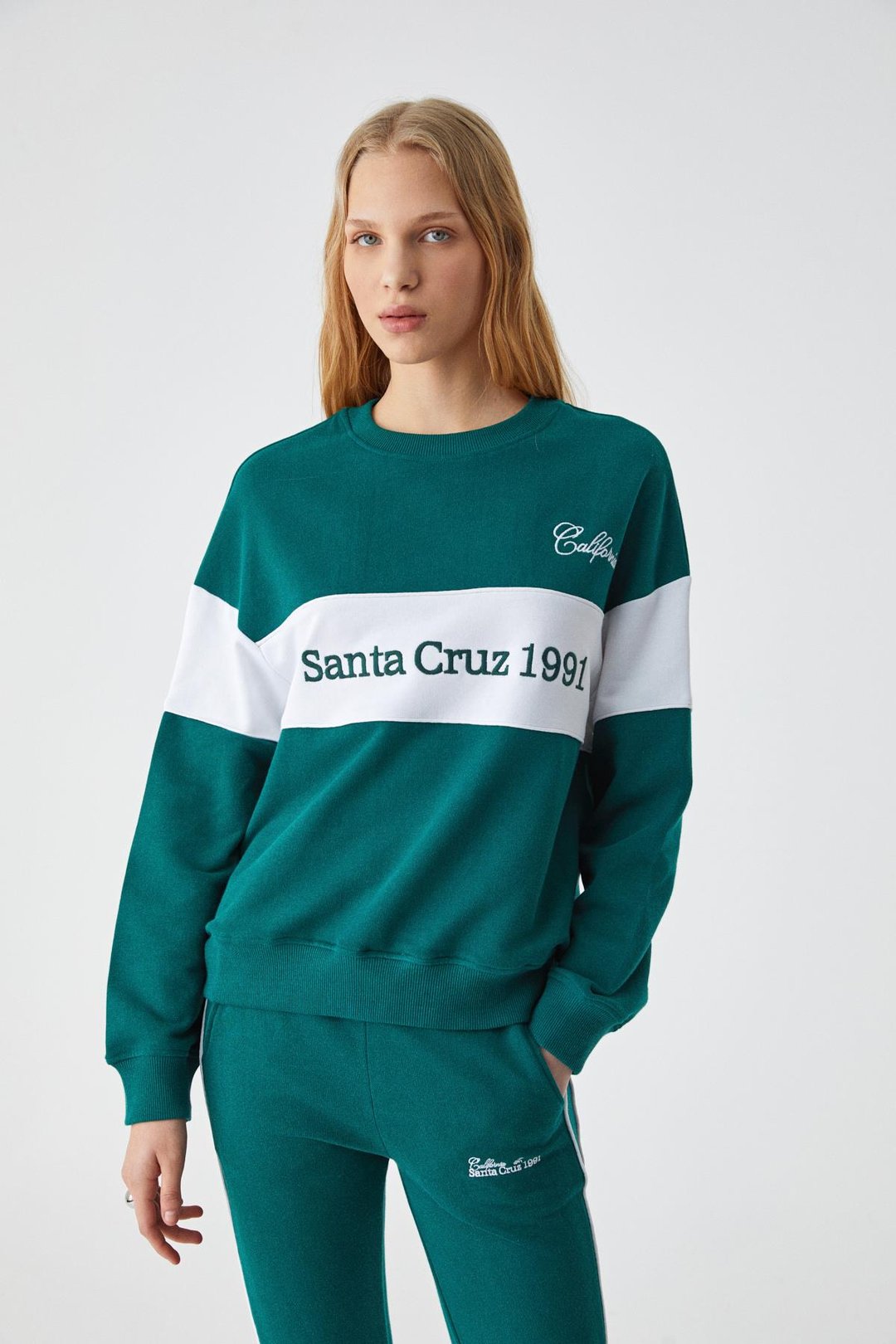 NINOSKA Kadın Oversize Bisiklet Yaka Beyaz - Yeşil Sweatshirt