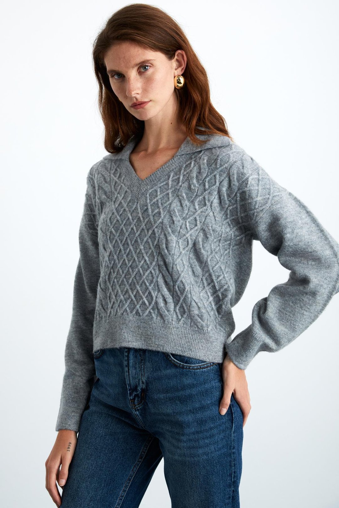 NIPUR Kadın V Yaka Recycle Triko Grimelanj Kazak