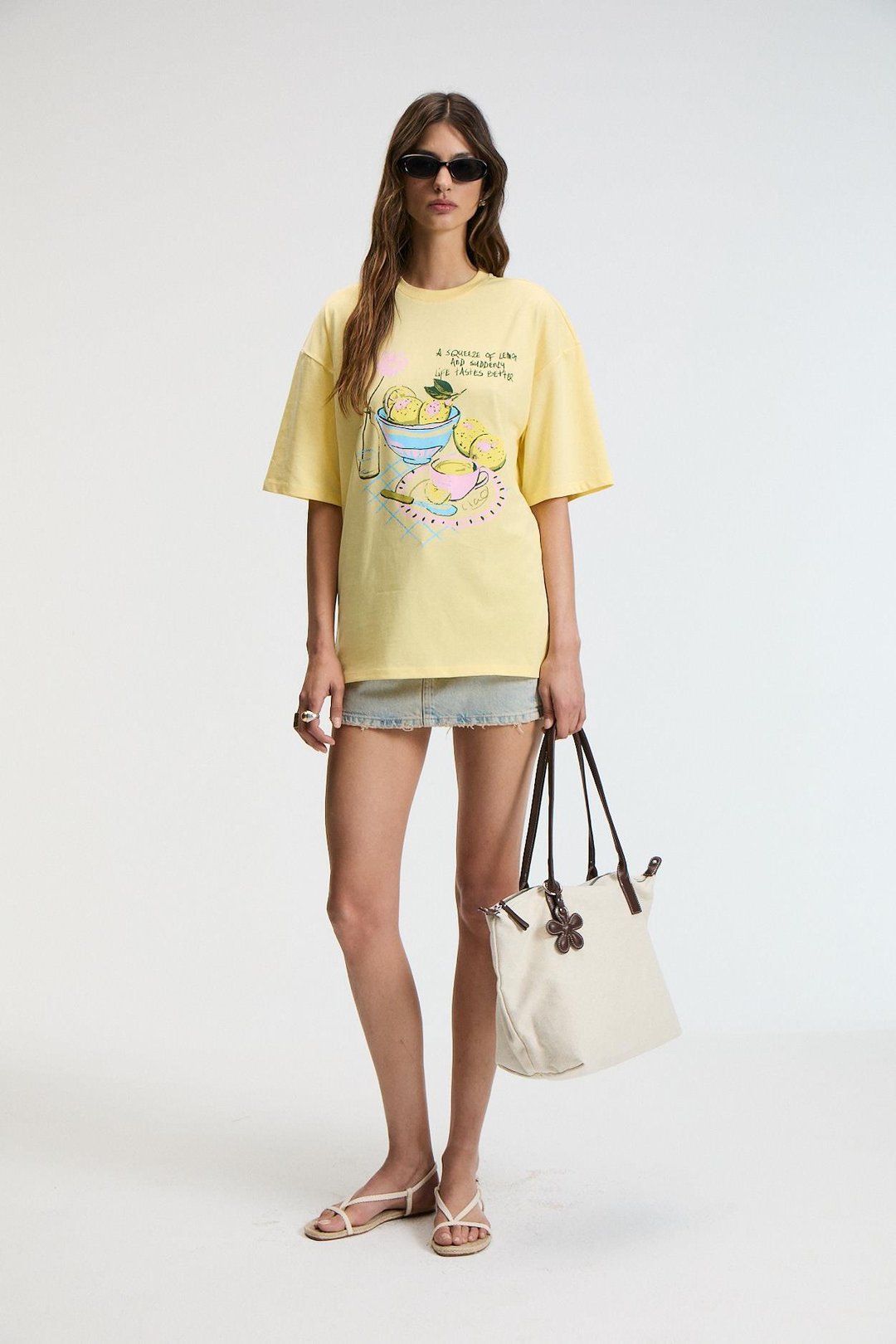 NITZA Kadın %100 Pamuk Oversize Bisiklet Yaka Sarı T-Shirt