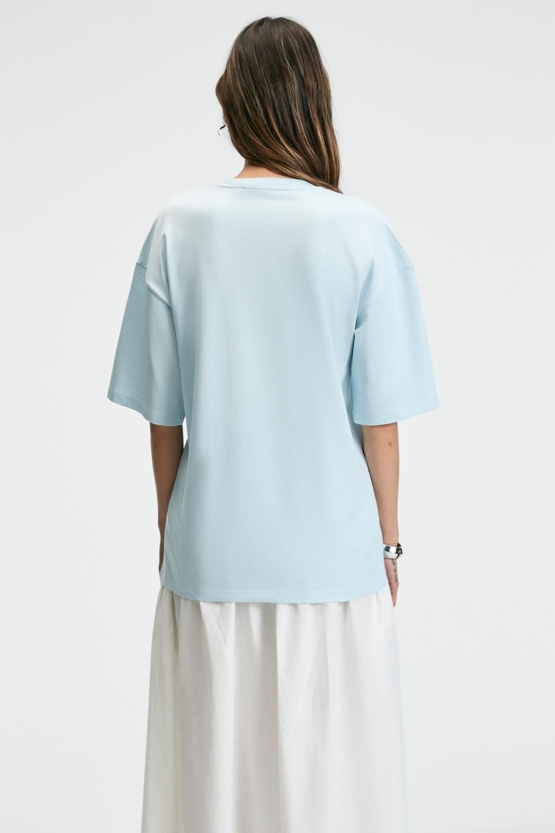 NITZA Kadın %100 Pamuk Oversize Bisiklet Yaka Mavi T-Shirt