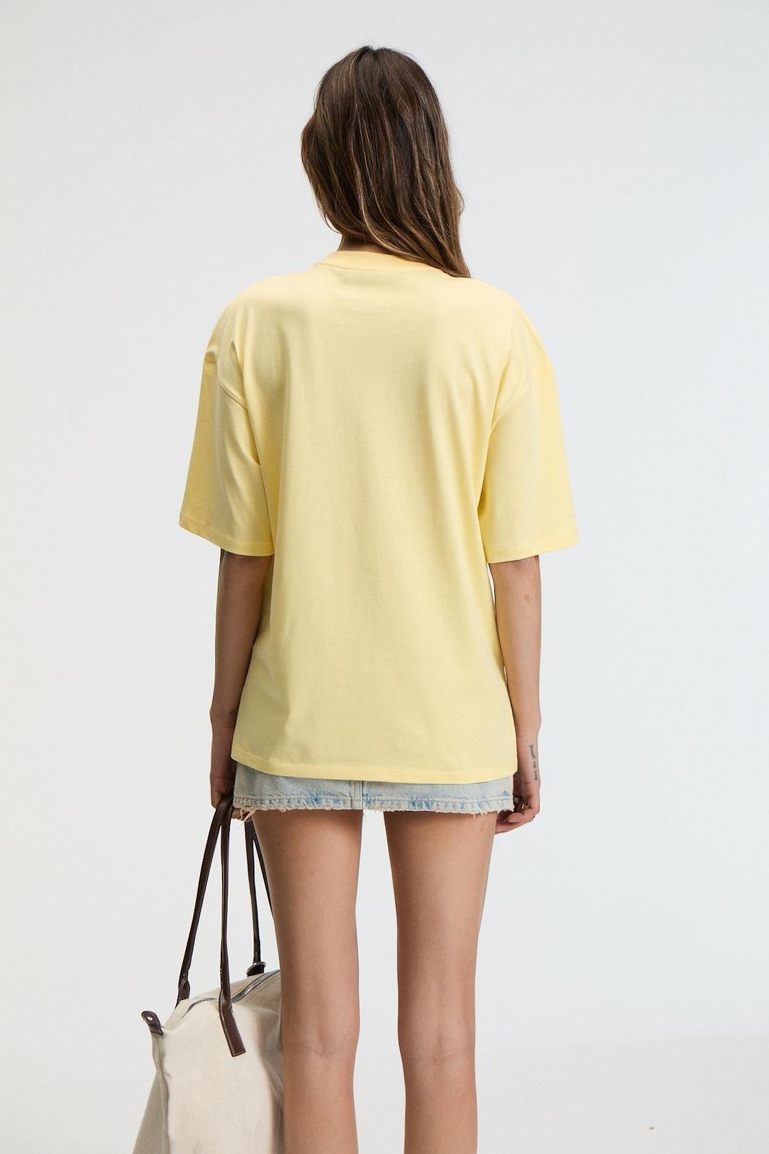 NITZA Kadın %100 Pamuk Oversize Bisiklet Yaka Sarı T-Shirt