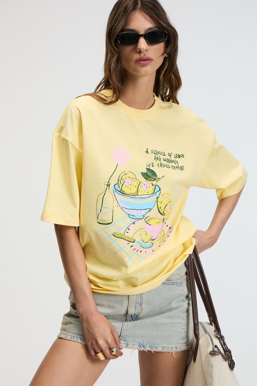 NITZA Kadın %100 Pamuk Oversize Bisiklet Yaka Sarı T-Shirt