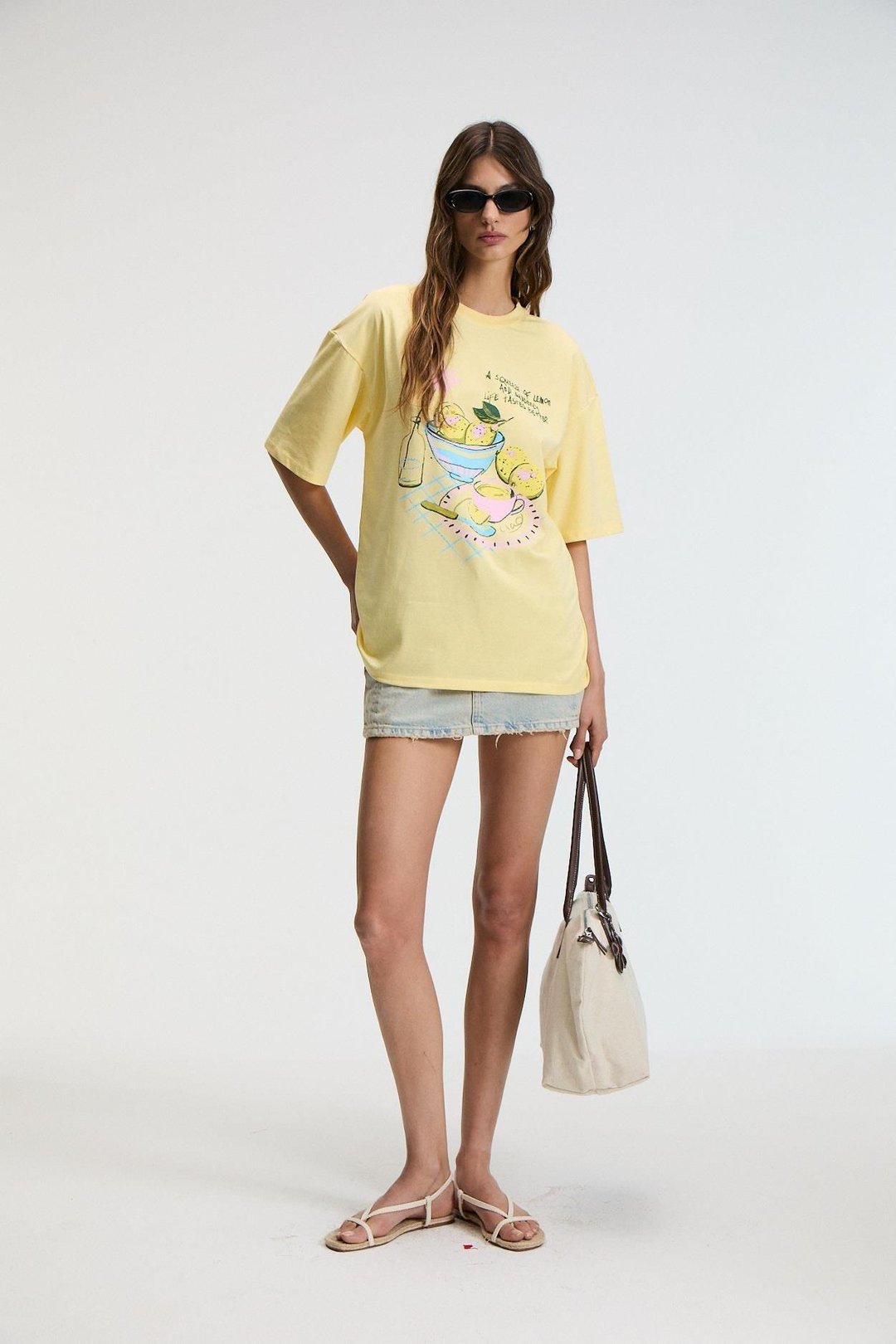 NITZA Kadın %100 Pamuk Oversize Bisiklet Yaka Sarı T-Shirt