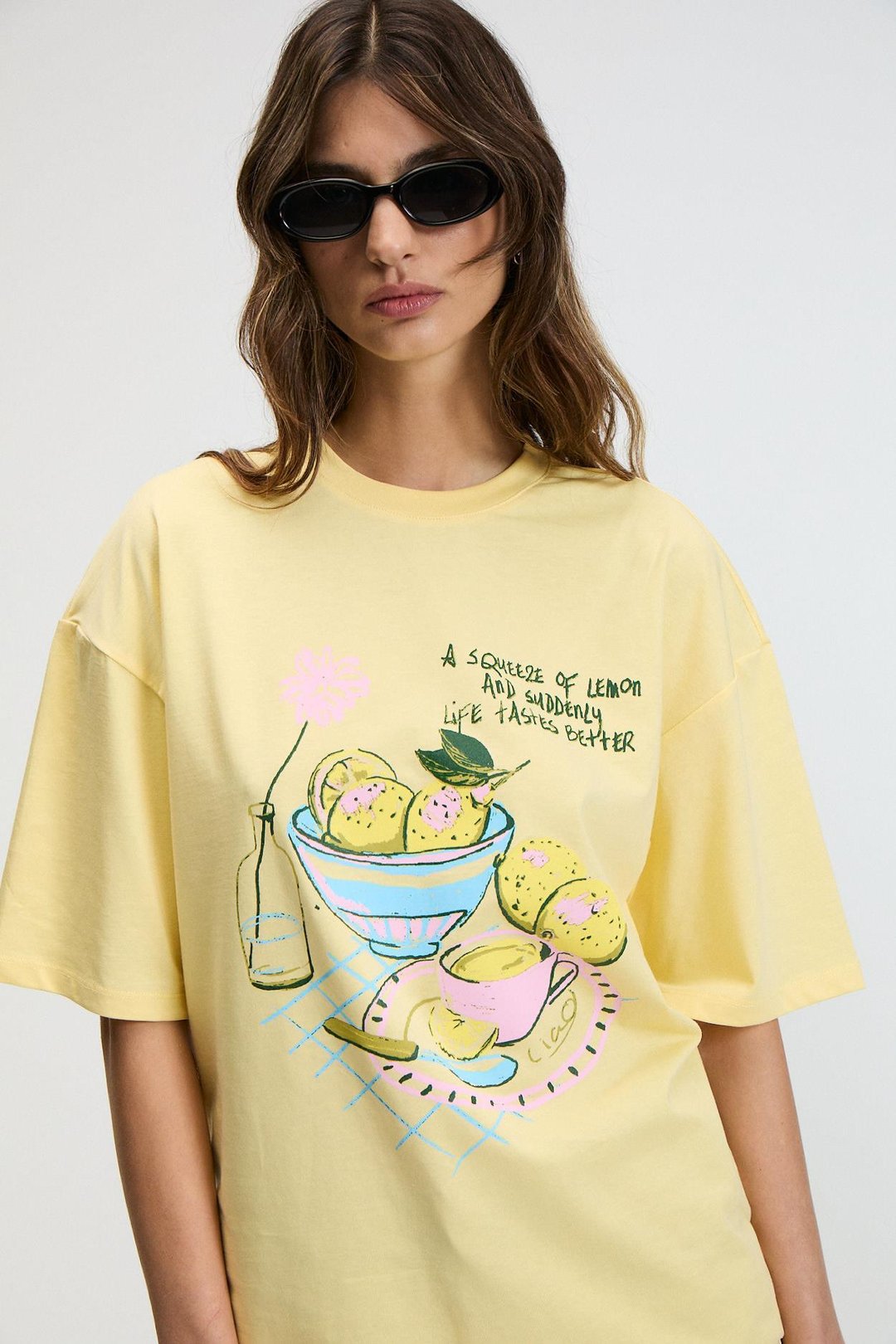 NITZA Kadın %100 Pamuk Oversize Bisiklet Yaka Sarı T-Shirt