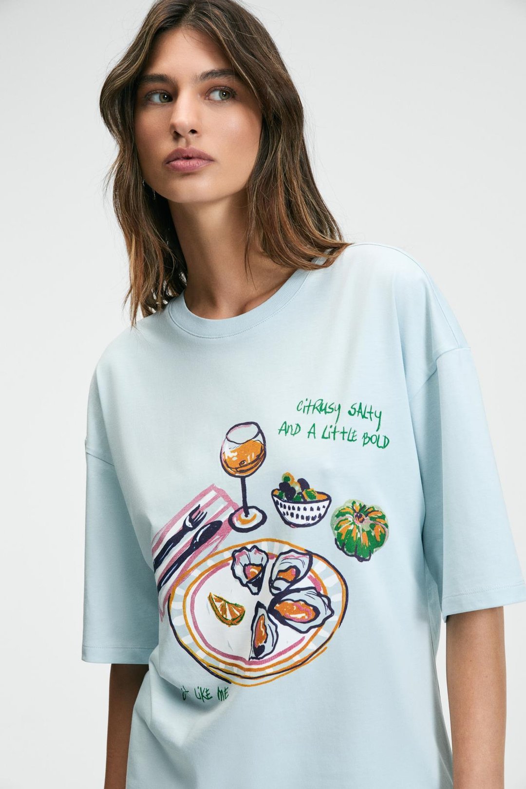 NITZA Kadın %100 Pamuk Oversize Bisiklet Yaka Mavi T-Shirt