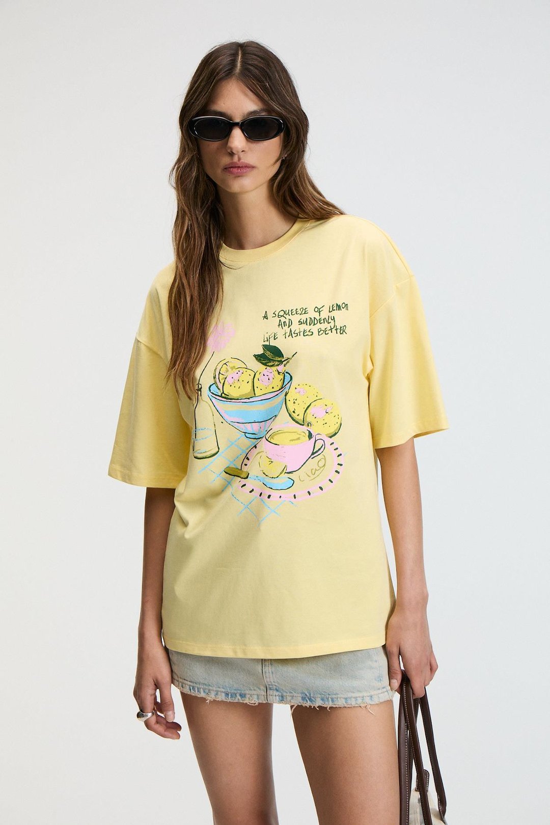 NITZA Kadın %100 Pamuk Oversize Bisiklet Yaka Sarı T-Shirt