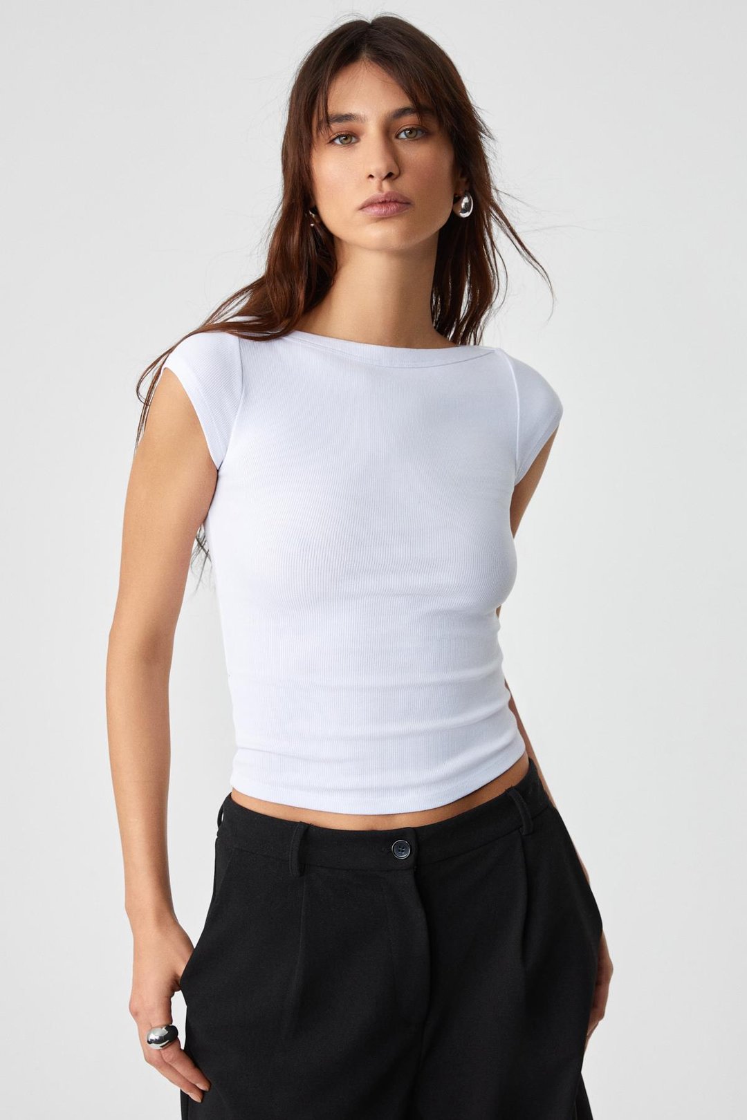 NOEMI Kadın Balerin Yaka Kısa Kol Slim Fit Ribanalı Beyaz Bluz