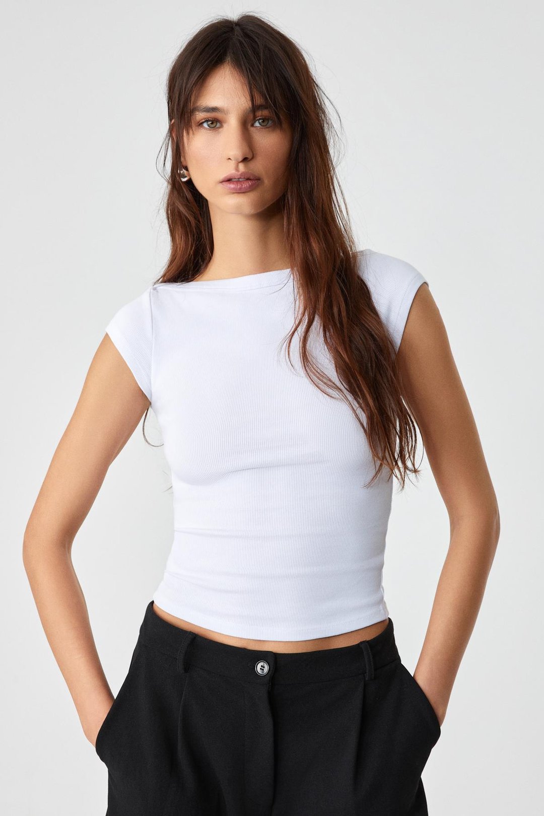 NOEMI Kadın Balerin Yaka Kısa Kol Slim Fit Ribanalı Beyaz Bluz