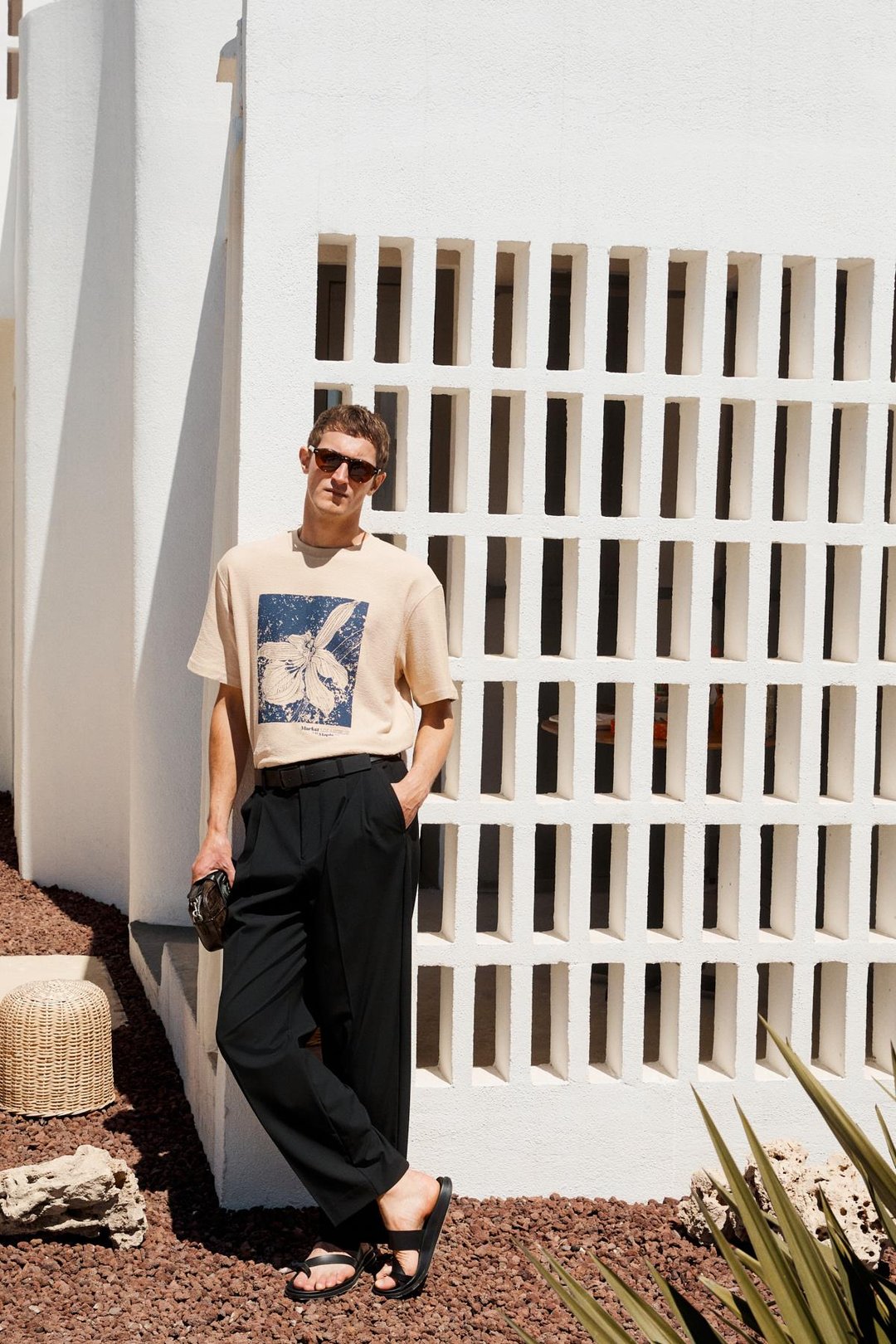 NORD Erkek Baskı Detaylı %100 Organik Pamuk Oversize Kısa Kol Bisiklet Yaka Bej T-Shirt