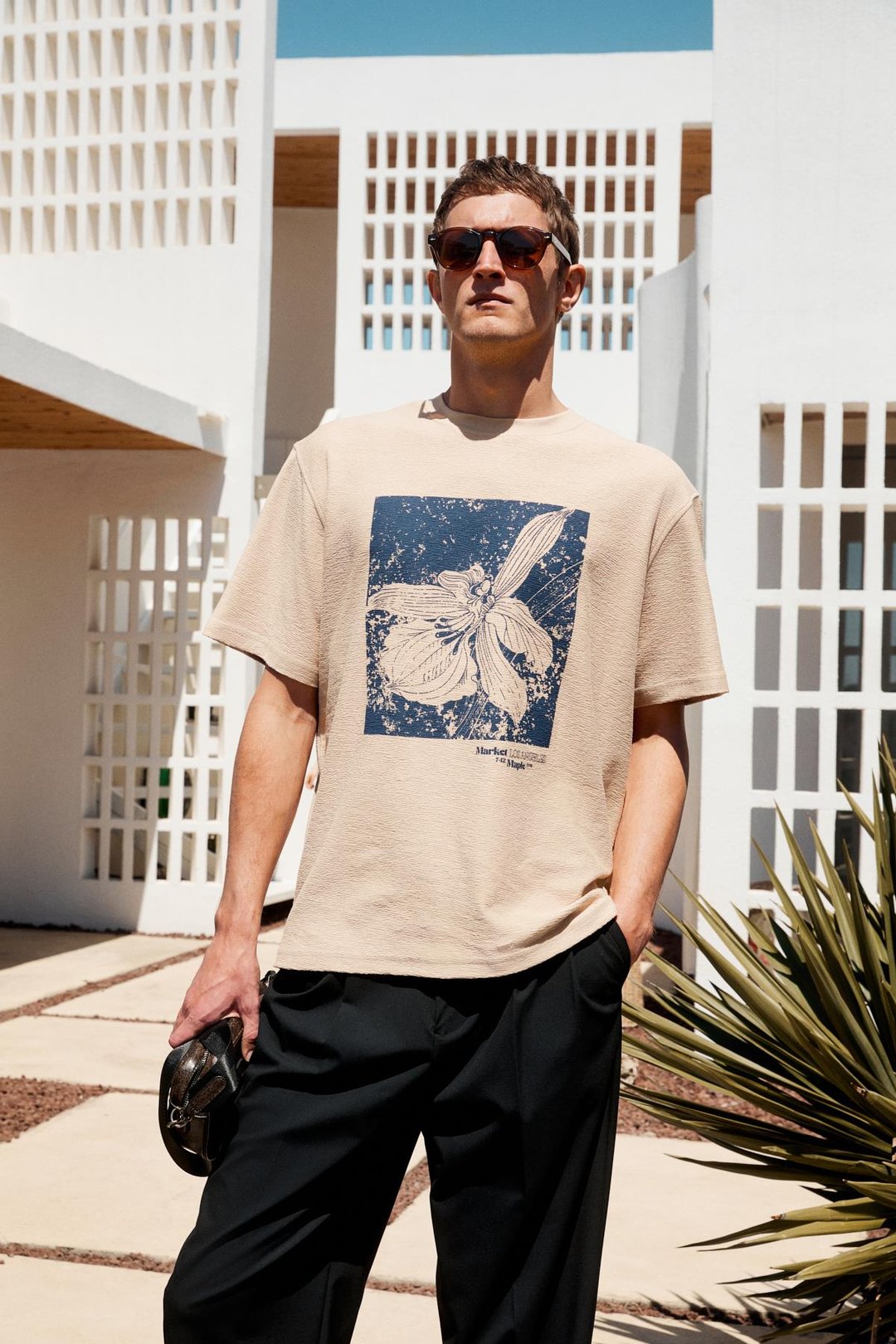 NORD Erkek Baskı Detaylı %100 Organik Pamuk Oversize Kısa Kol Bisiklet Yaka Bej T-Shirt