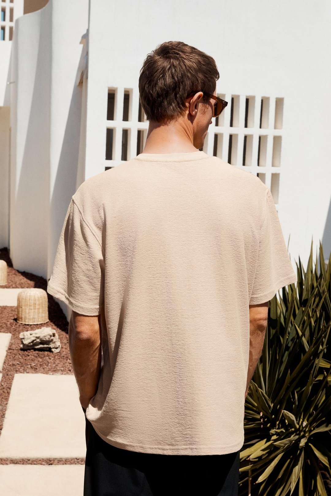 NORD Erkek Baskı Detaylı %100 Organik Pamuk Oversize Kısa Kol Bisiklet Yaka Bej T-Shirt