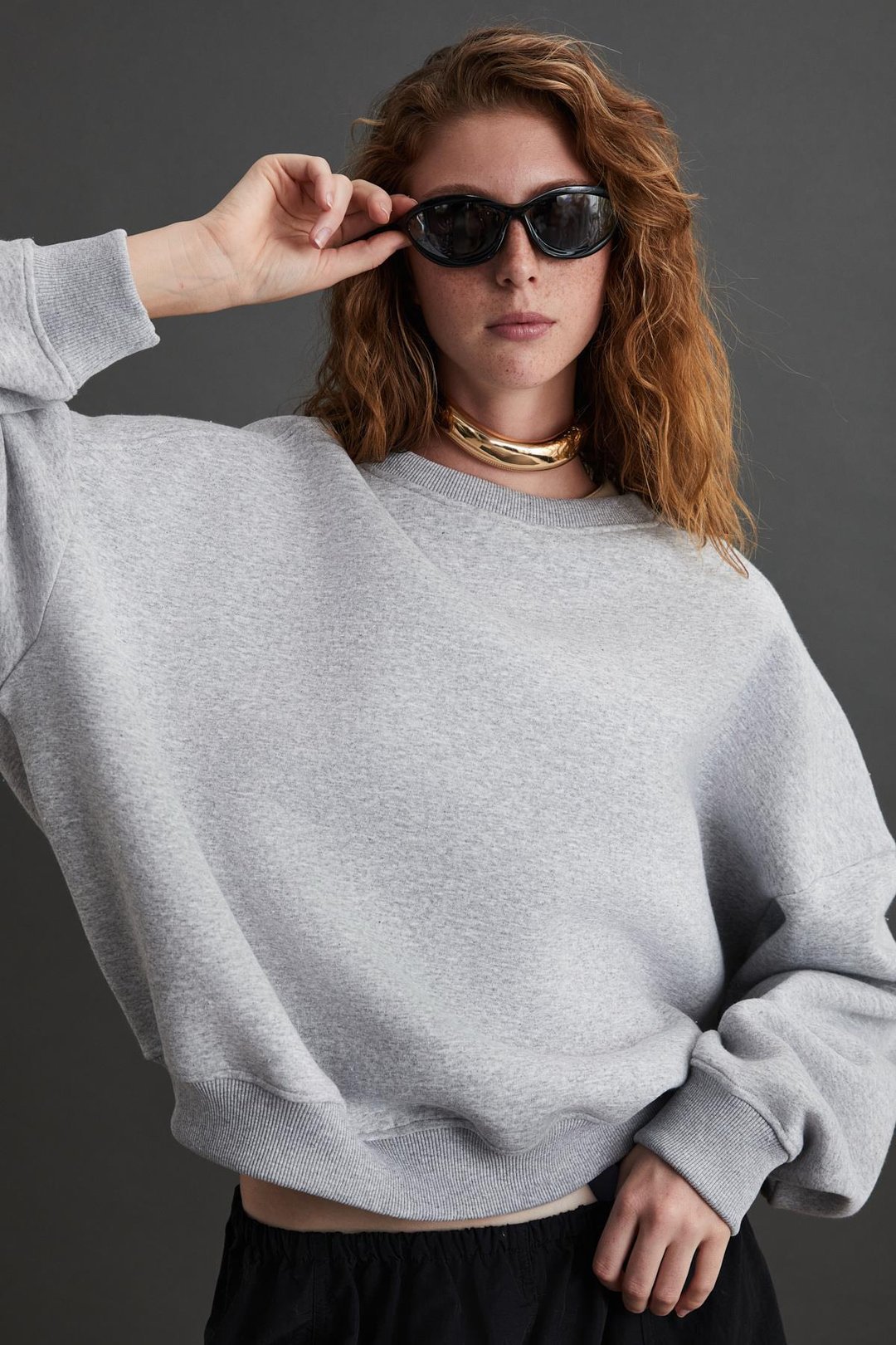 NORDIA Kadın Organik Pamuk 3 İplik Örme Oversize Grimelanj Sweatshirt