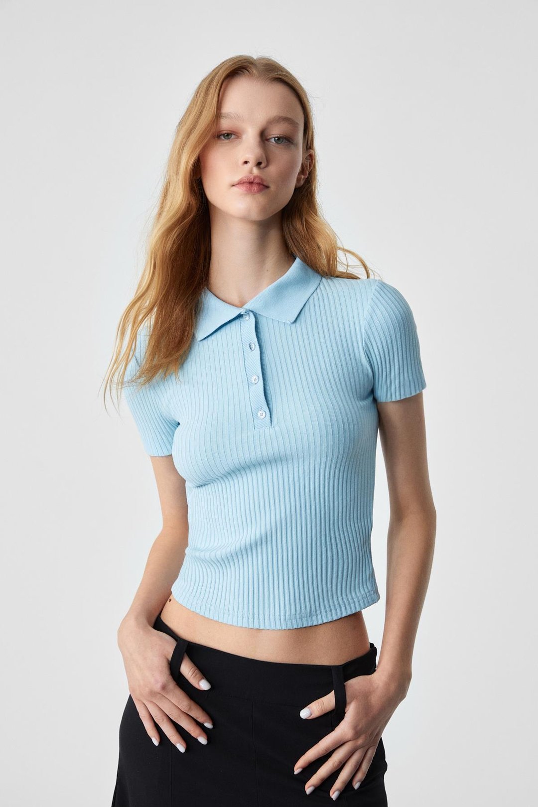 OBERWART Kadın Slim Gömlek Yaka Kısa Kol Mavi T-Shirt