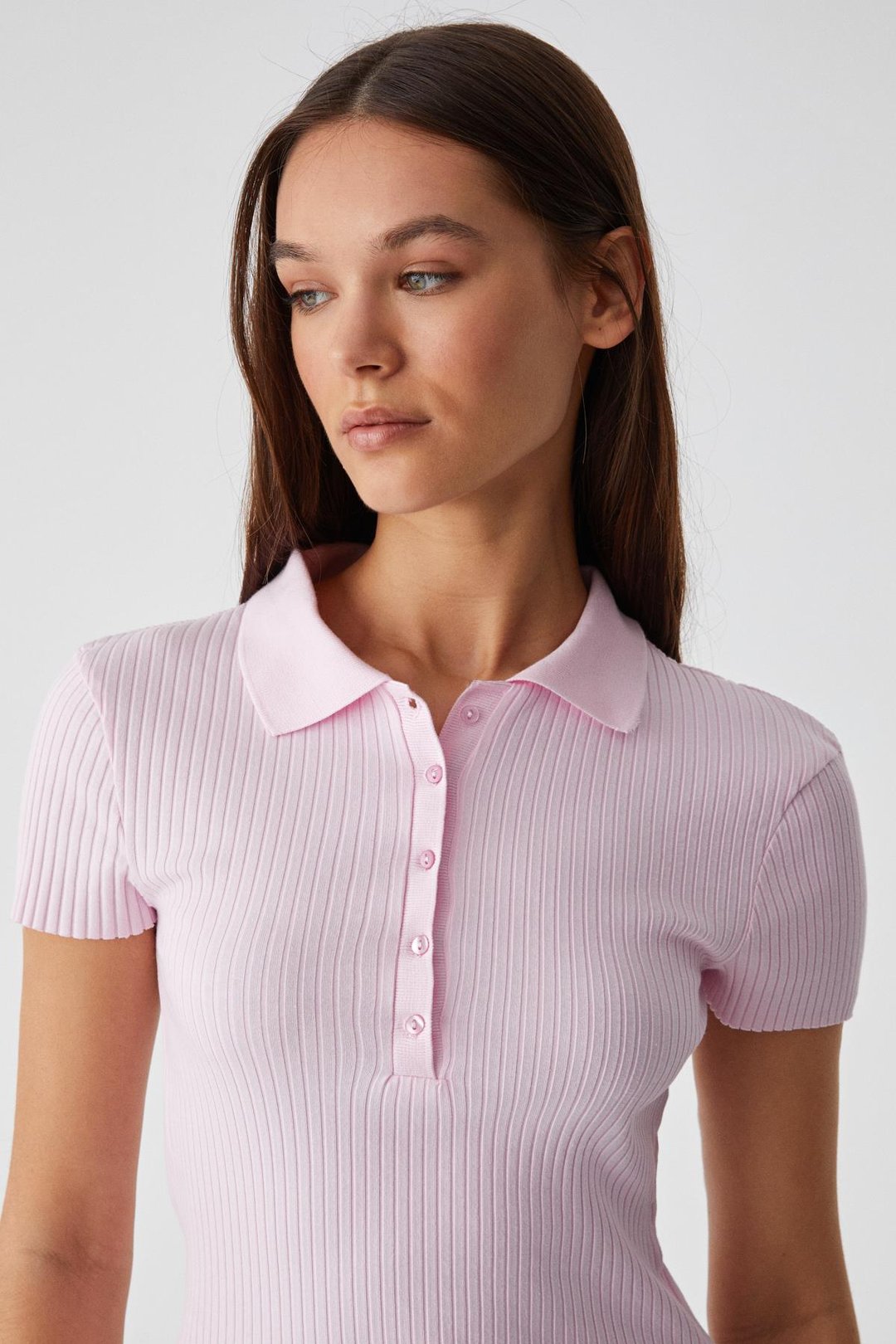 OBERWART Kadın Slim Gömlek Yaka Kısa Kol Pembe T-Shirt