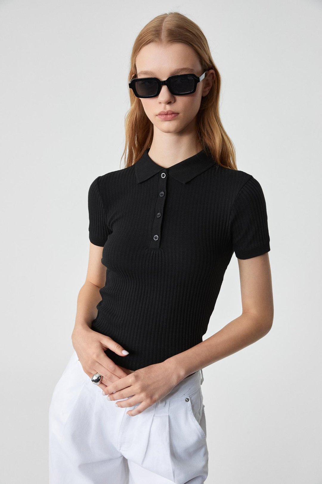 OBERWART Kadın Slim Gömlek Yaka Kısa Kol Siyah T-Shirt