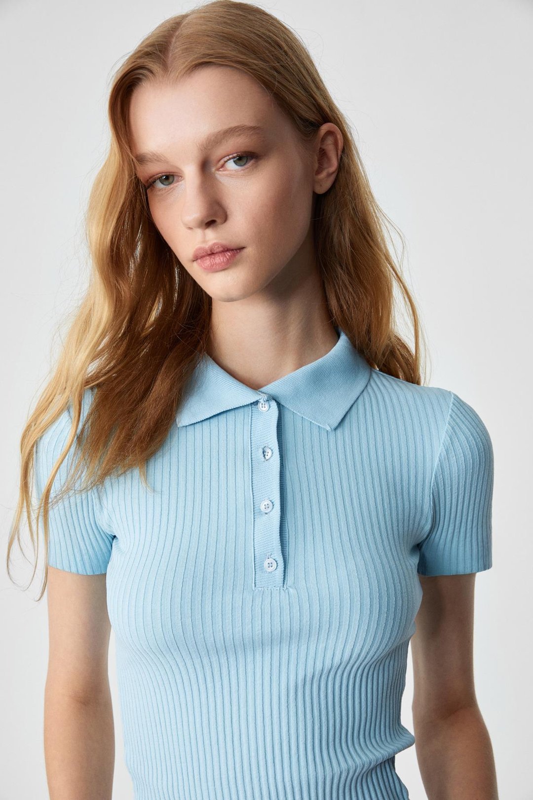 OBERWART Kadın Slim Gömlek Yaka Kısa Kol Mavi T-Shirt