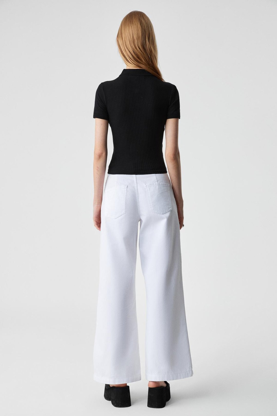 OBERWART Kadın Slim Gömlek Yaka Kısa Kol Siyah T-Shirt