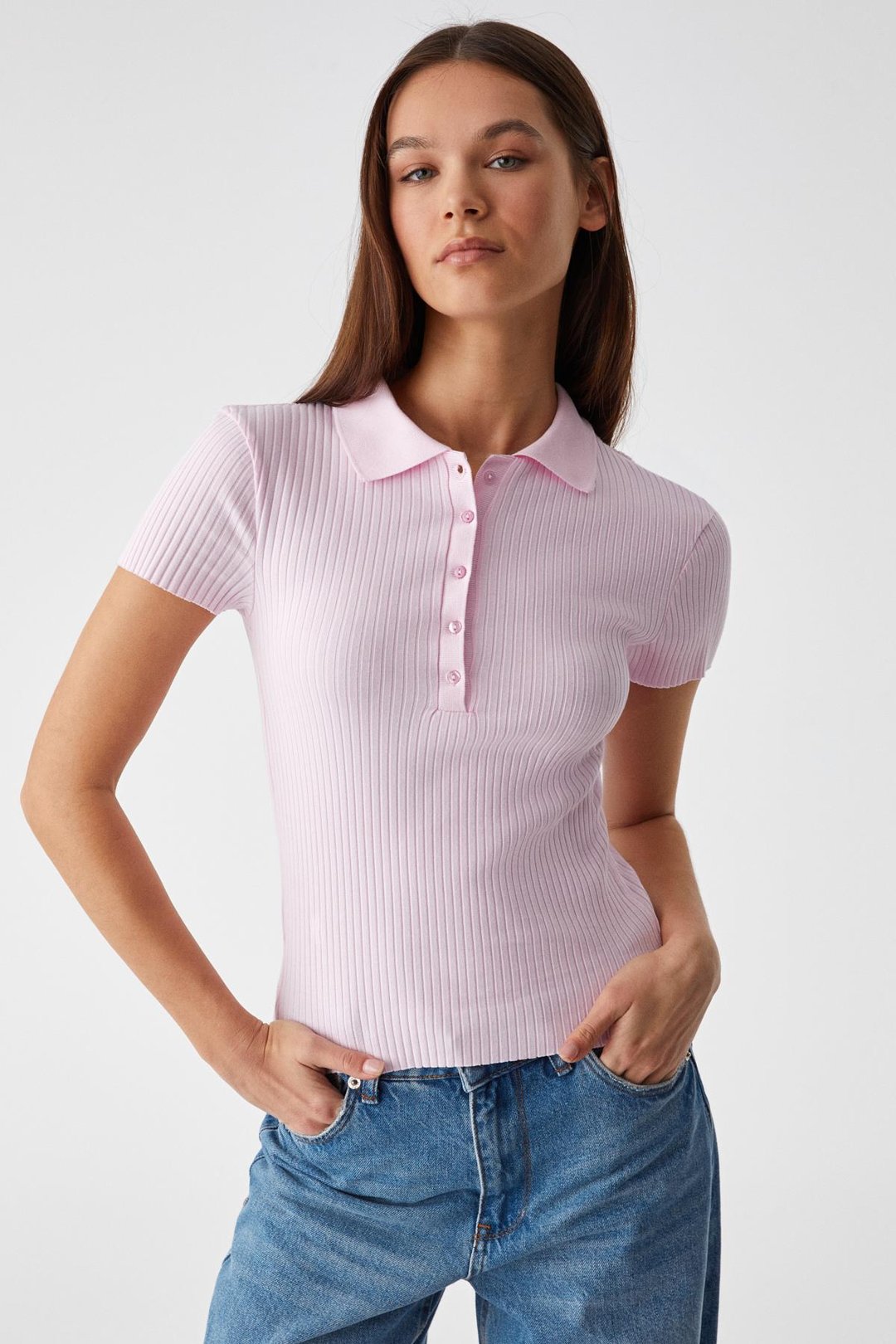 OBERWART Kadın Slim Gömlek Yaka Kısa Kol Pembe T-Shirt