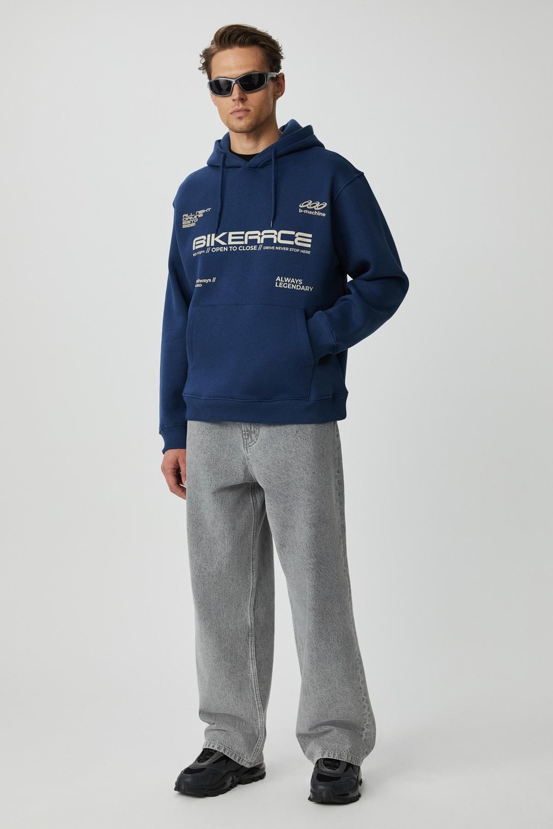 OKINAVA Erkek Yumuşacık Kapüşonlu Oversize Lacivert Sweatshirt