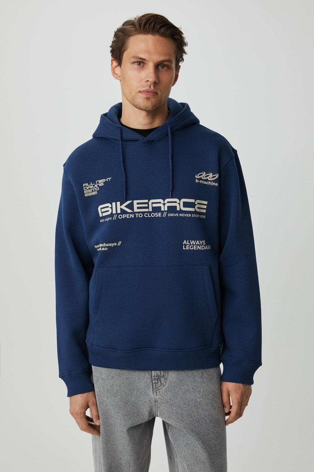 OKINAVA Erkek Yumuşacık Kapüşonlu Oversize Lacivert Sweatshirt