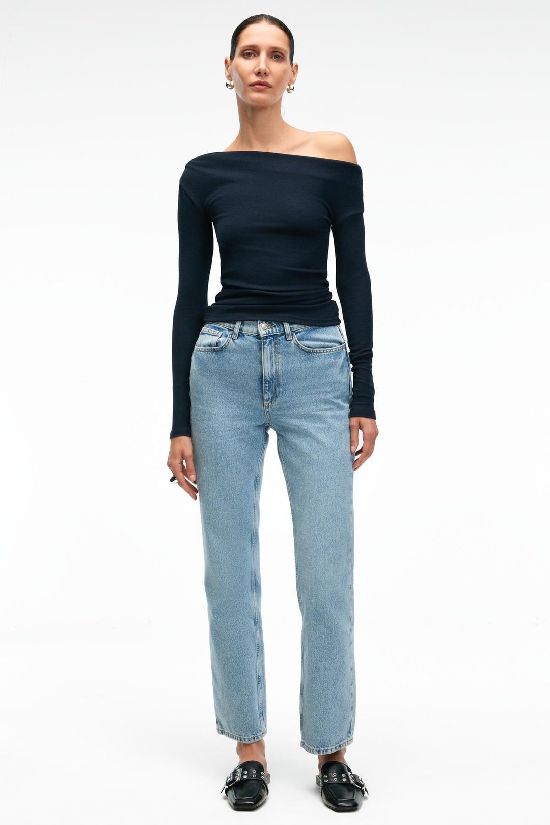 OLIVIENN Kadın Omuzu Açık Asimetrik Yakalı Uzun Kollu Slim Fit Lacivert Bluz