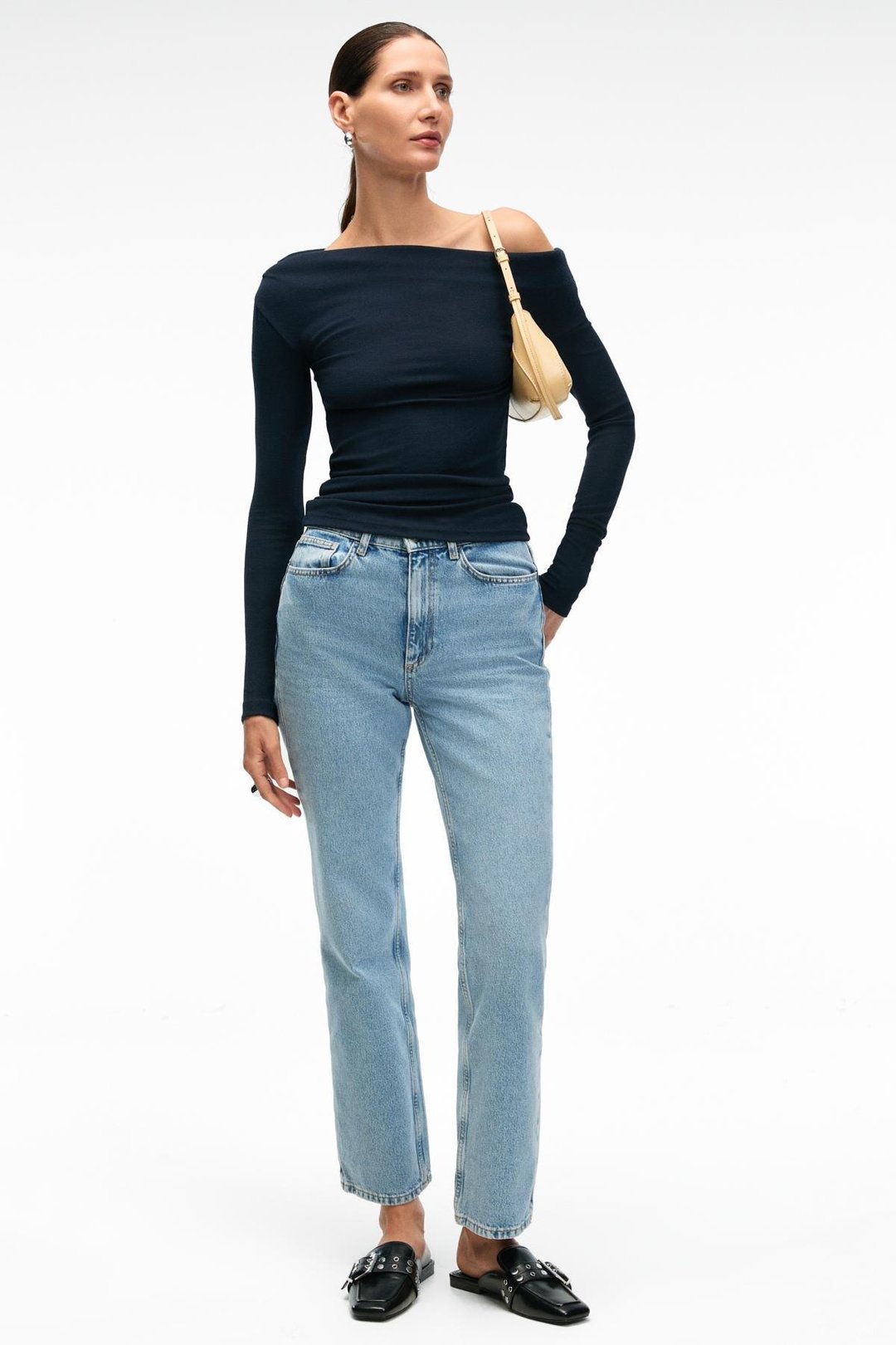 OLIVIENN Kadın Omuzu Açık Asimetrik Yakalı Uzun Kollu Slim Fit Lacivert Bluz