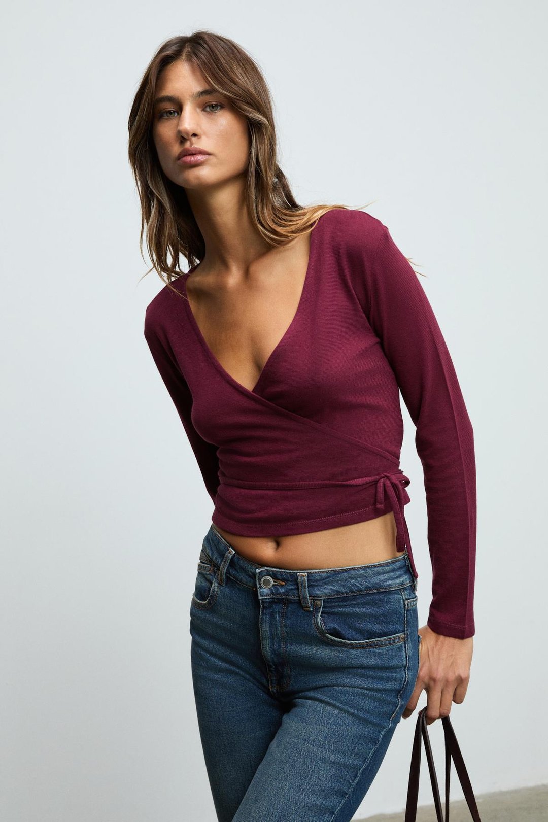 OLIVIERNS Kadın Önden Bağlamalı Vücudu Saran Nefes Alan Kumaşlı Bordo Bluz