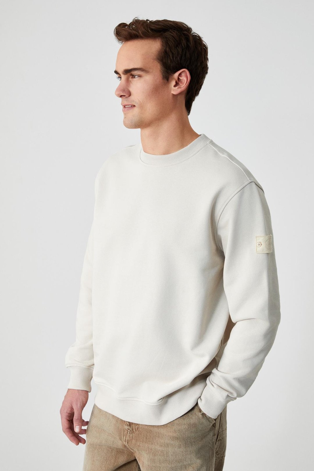 OLLIE Erkek Bisiklet Yaka Regular Uzun Kollu Nakış Detaylı Bej Sweatshirt