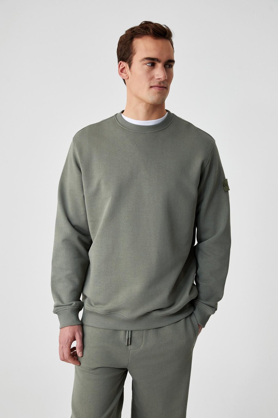 OLLIE Erkek Bisiklet Yaka Regular Uzun Kollu Nakış Detaylı Haki Sweatshirt