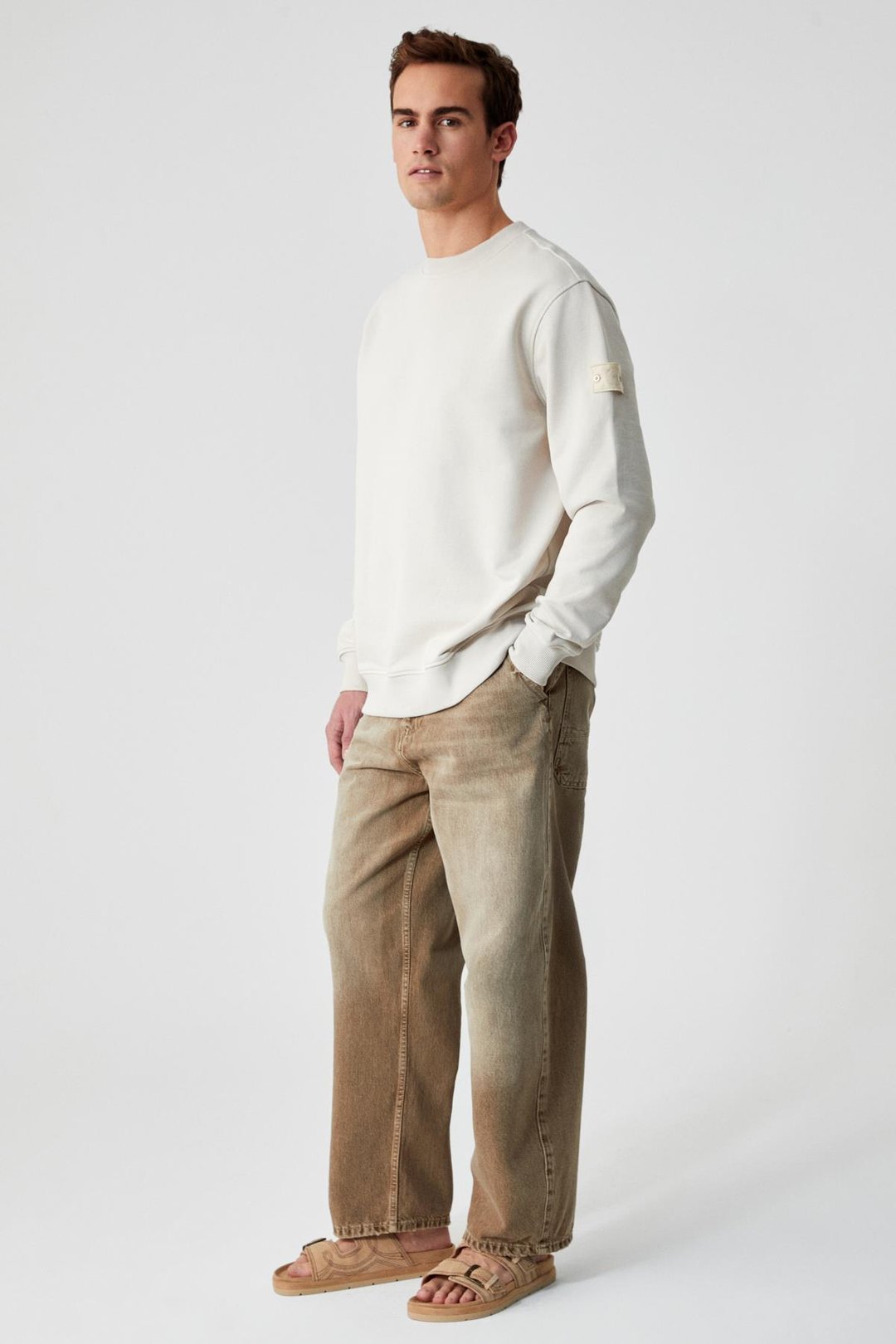 OLLIE Erkek Bisiklet Yaka Regular Uzun Kollu Nakış Detaylı Bej Sweatshirt