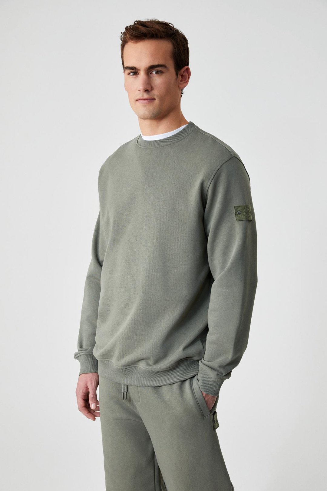 OLLIE Erkek Bisiklet Yaka Regular Uzun Kollu Nakış Detaylı Haki Sweatshirt