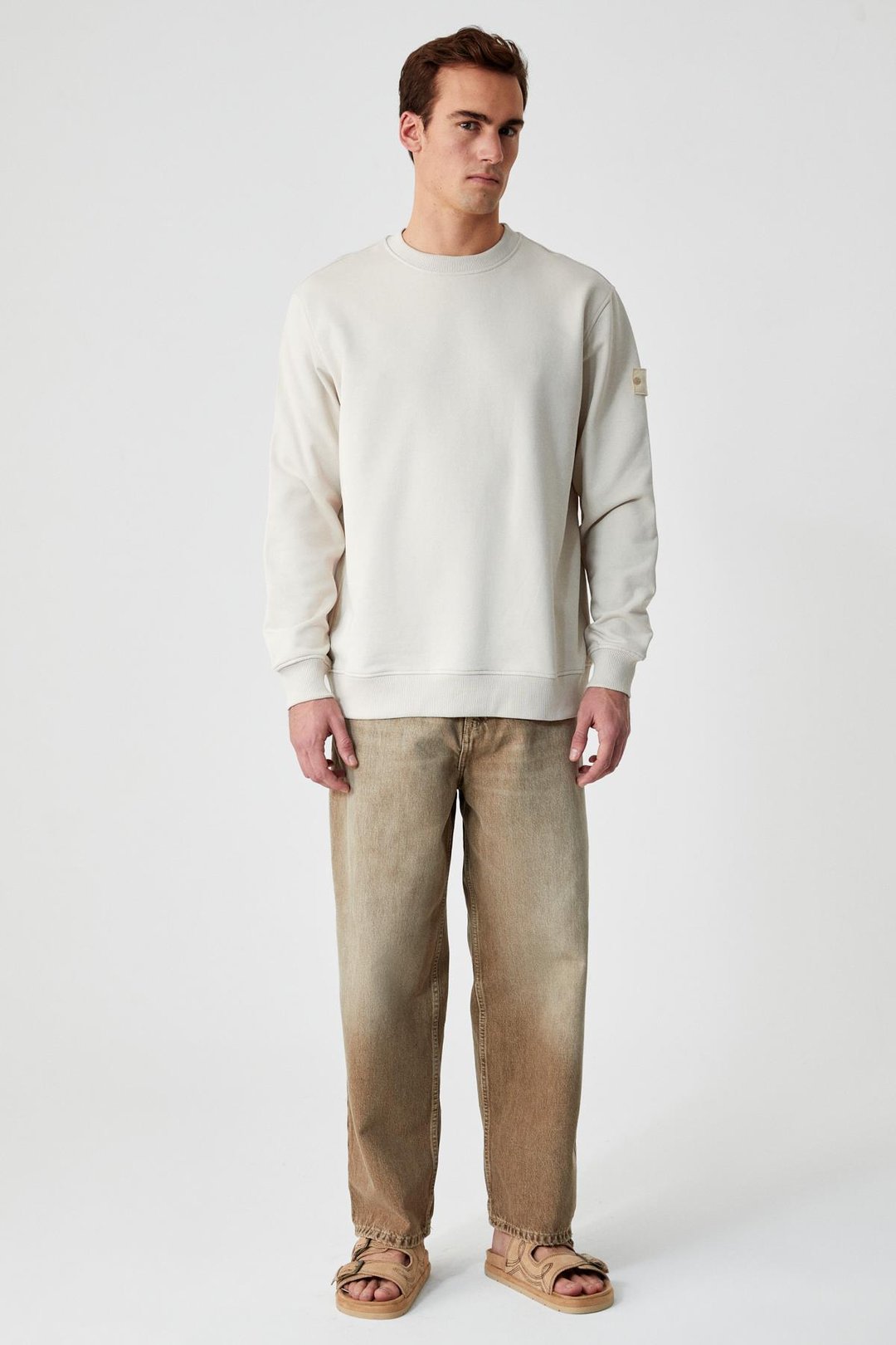 OLLIE Erkek Bisiklet Yaka Regular Uzun Kollu Nakış Detaylı Bej Sweatshirt