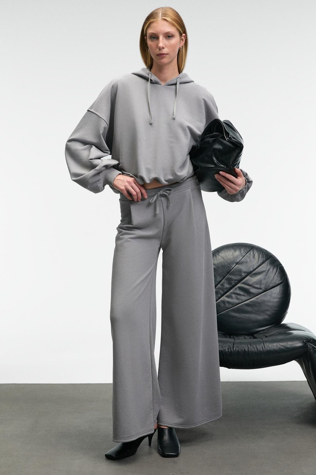 OLVERA Kadın Kapüşonlu Etek Ucu Balon Oversize Gri Sweatshirt