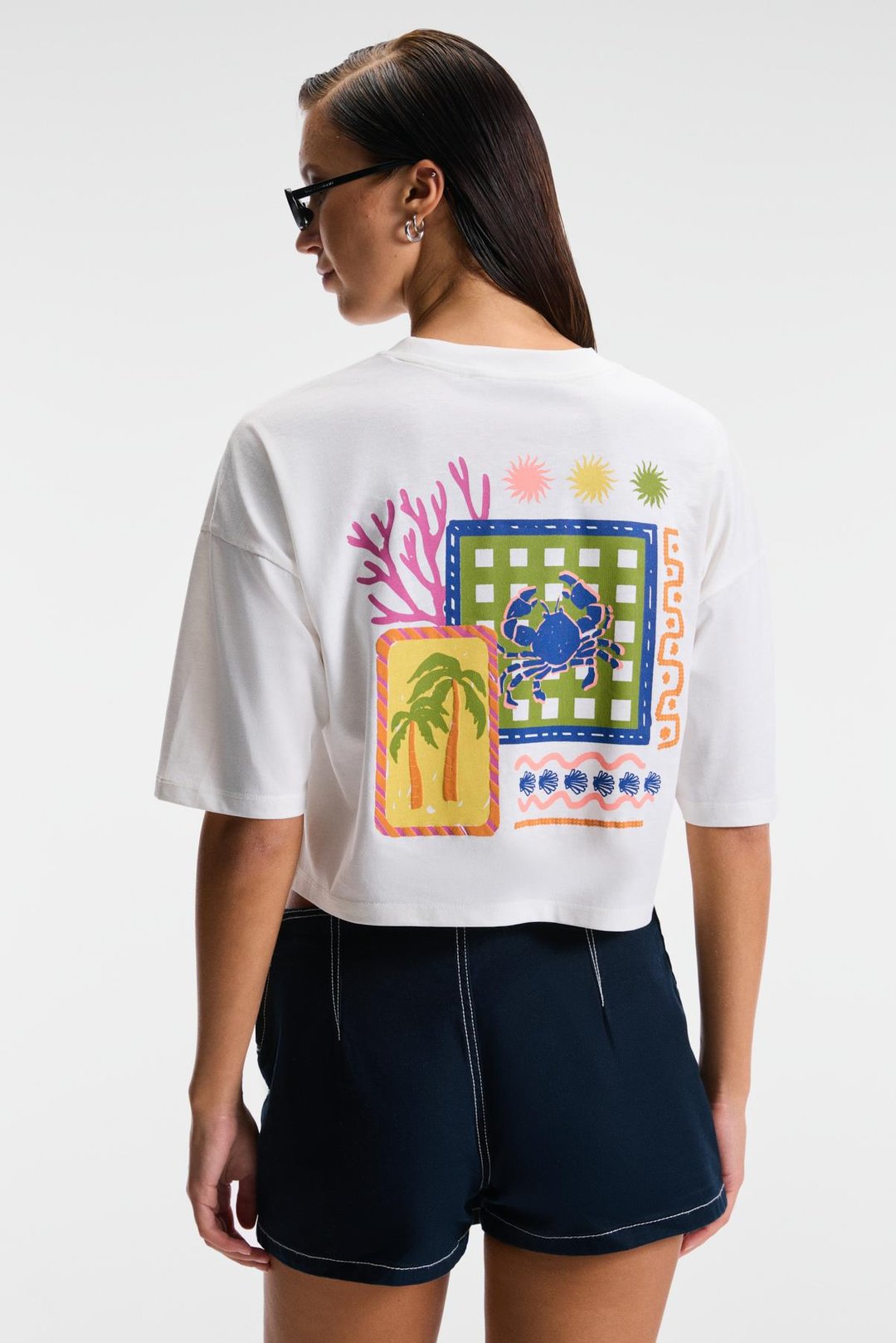 ORELZA Kadın %100 Pamuk Baskılı Yuvarlak Yaka Oversize Fit Ekru T-Shirt