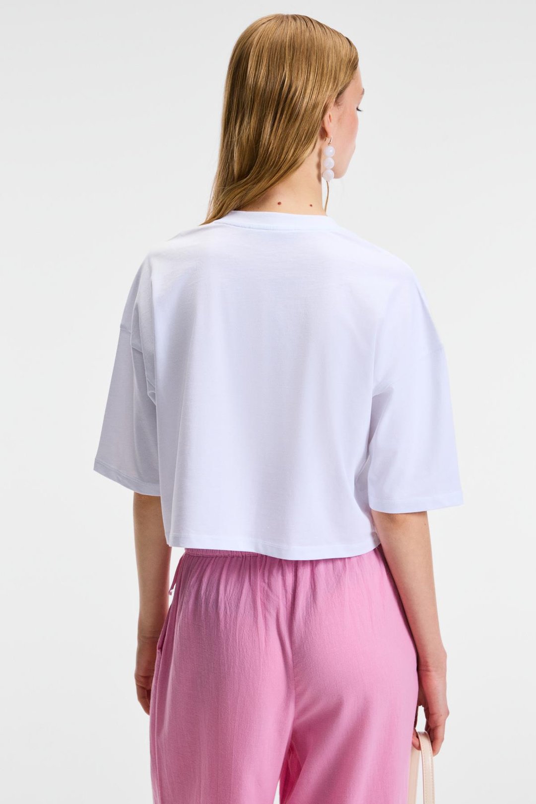 ORELZA Kadın %100 Pamuk Baskılı Yuvarlak Yaka Oversize Fit Beyaz T-Shirt