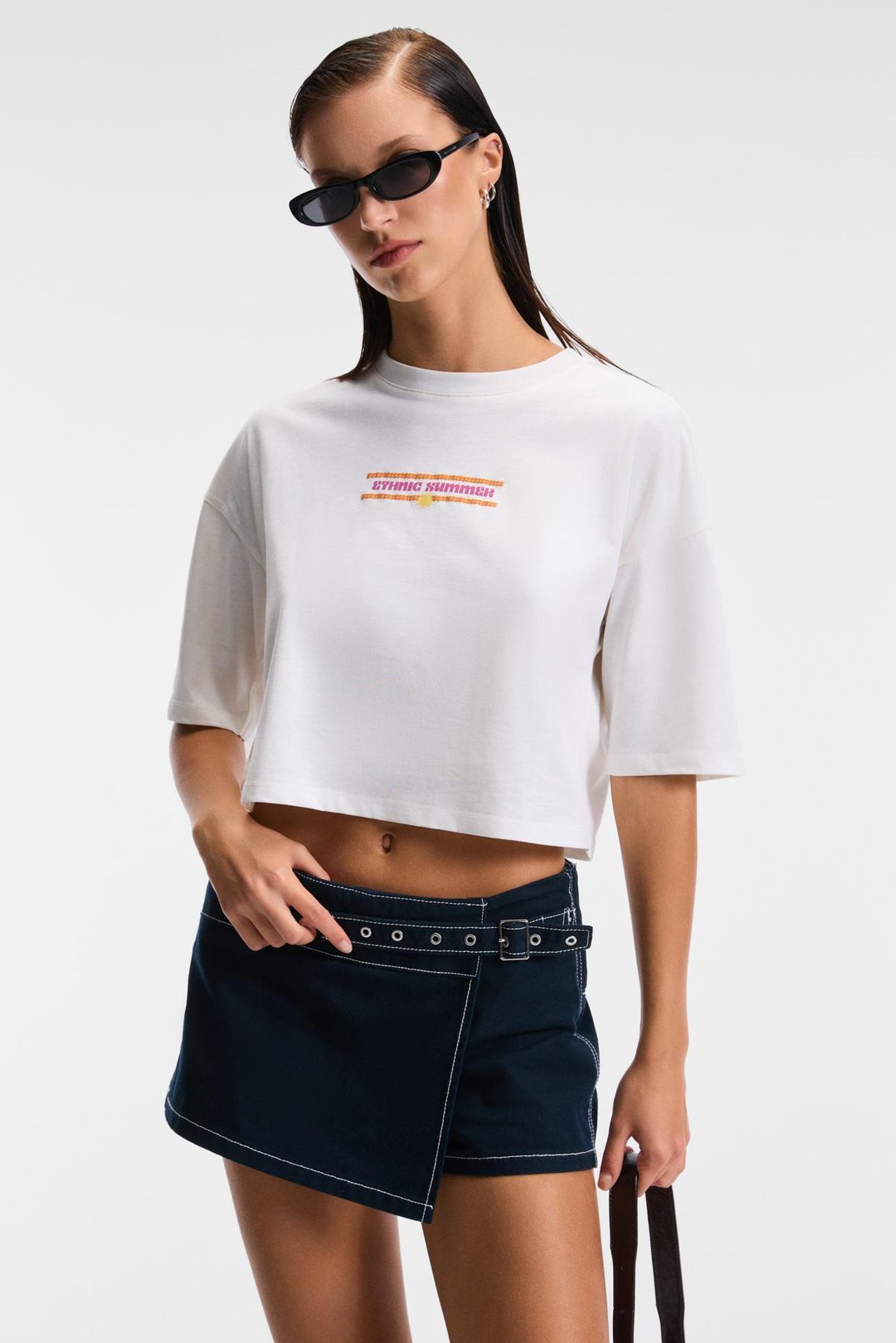 ORELZA Kadın %100 Pamuk Baskılı Yuvarlak Yaka Oversize Fit Ekru T-Shirt