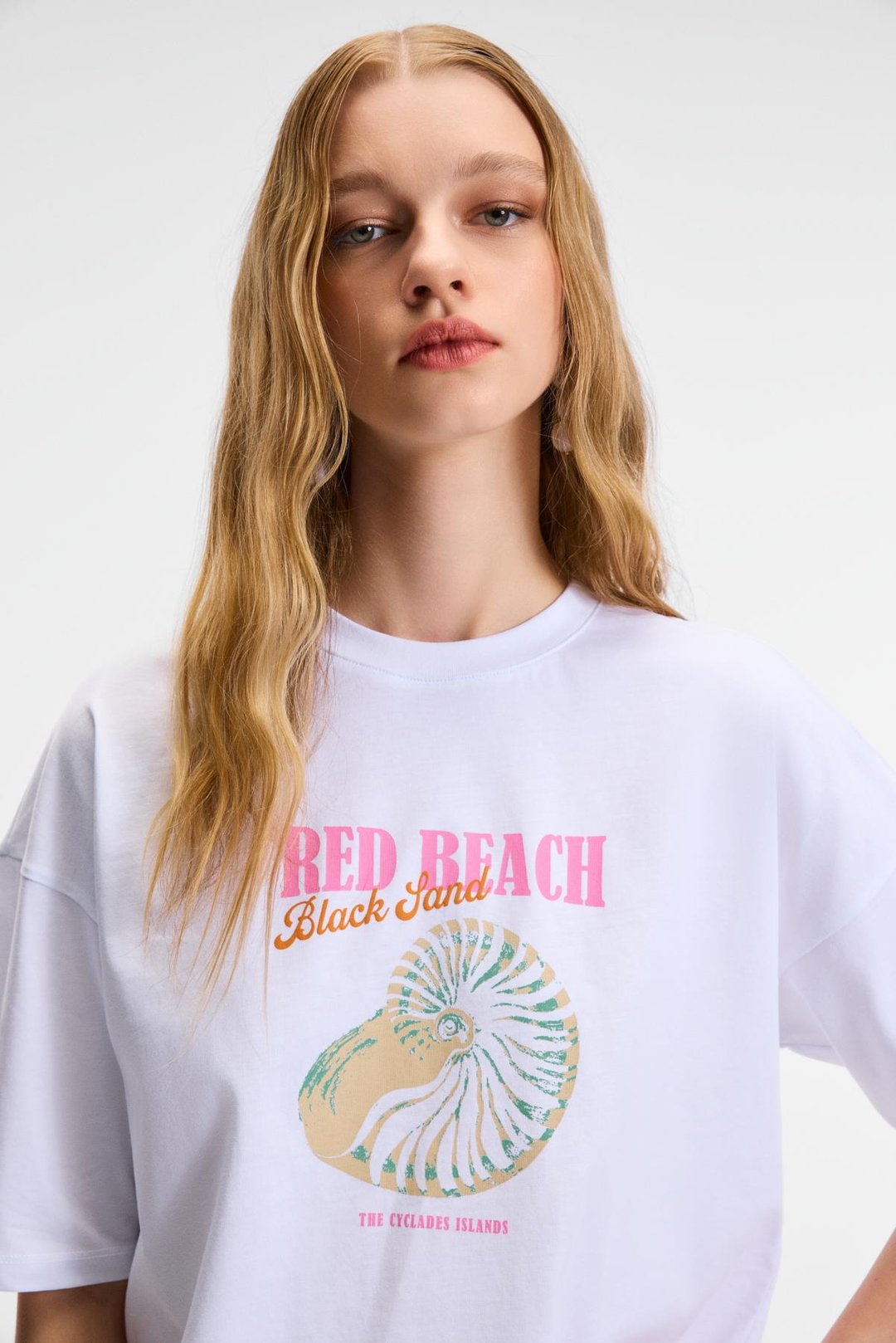 ORELZA Kadın %100 Pamuk Baskılı Yuvarlak Yaka Oversize Fit Beyaz T-Shirt