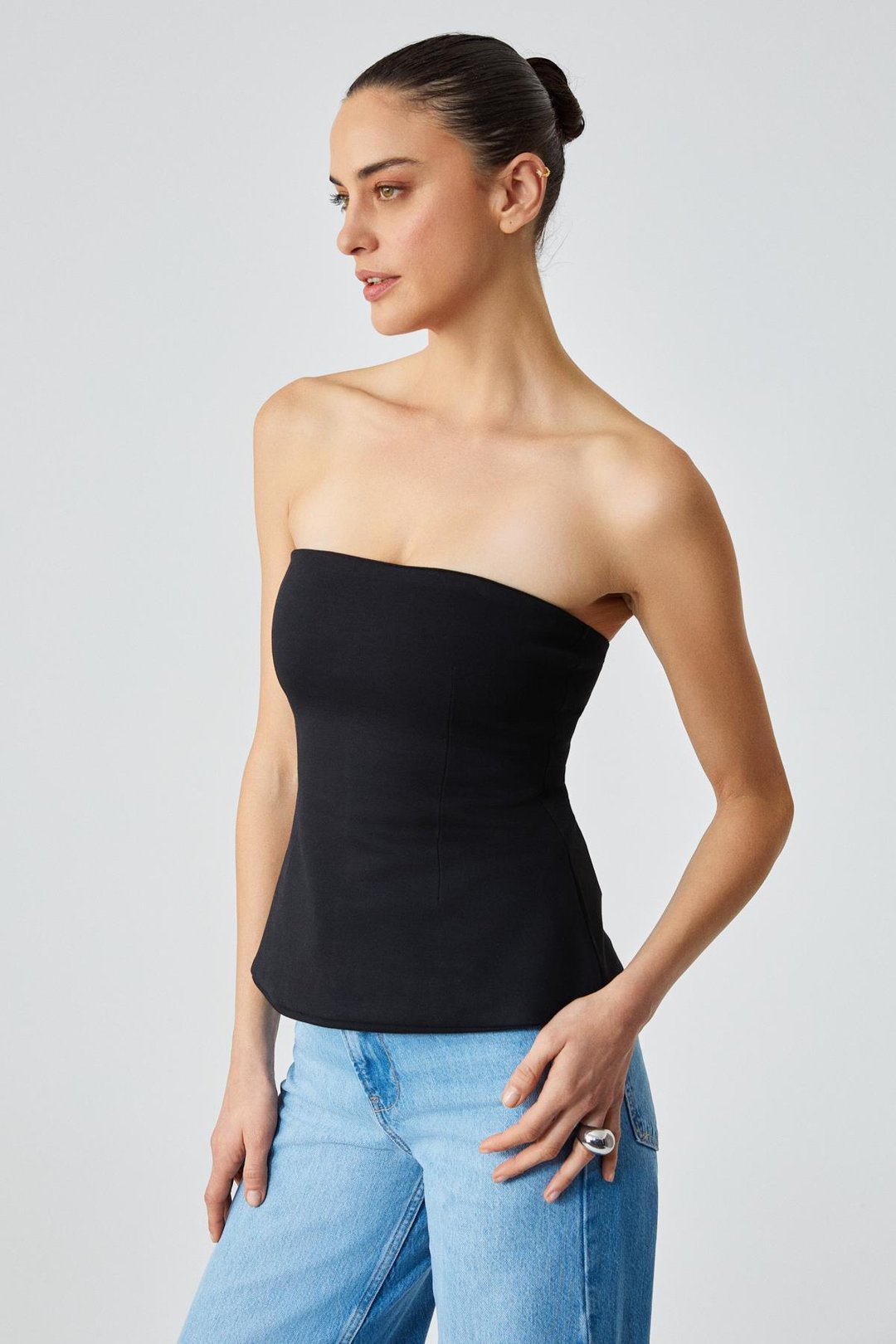 ORIANA Kadın Slim Fit Straplez Siyah Bluz