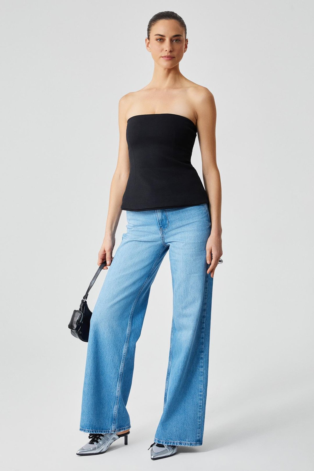 ORIANA Kadın Slim Fit Straplez Siyah Bluz