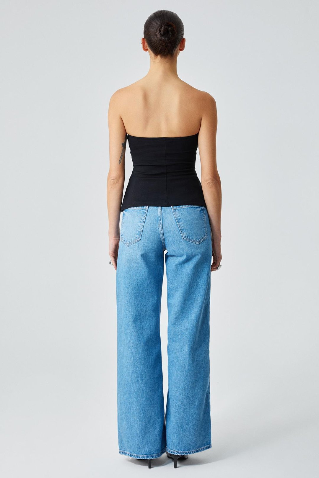 ORIANA Kadın Slim Fit Straplez Siyah Bluz