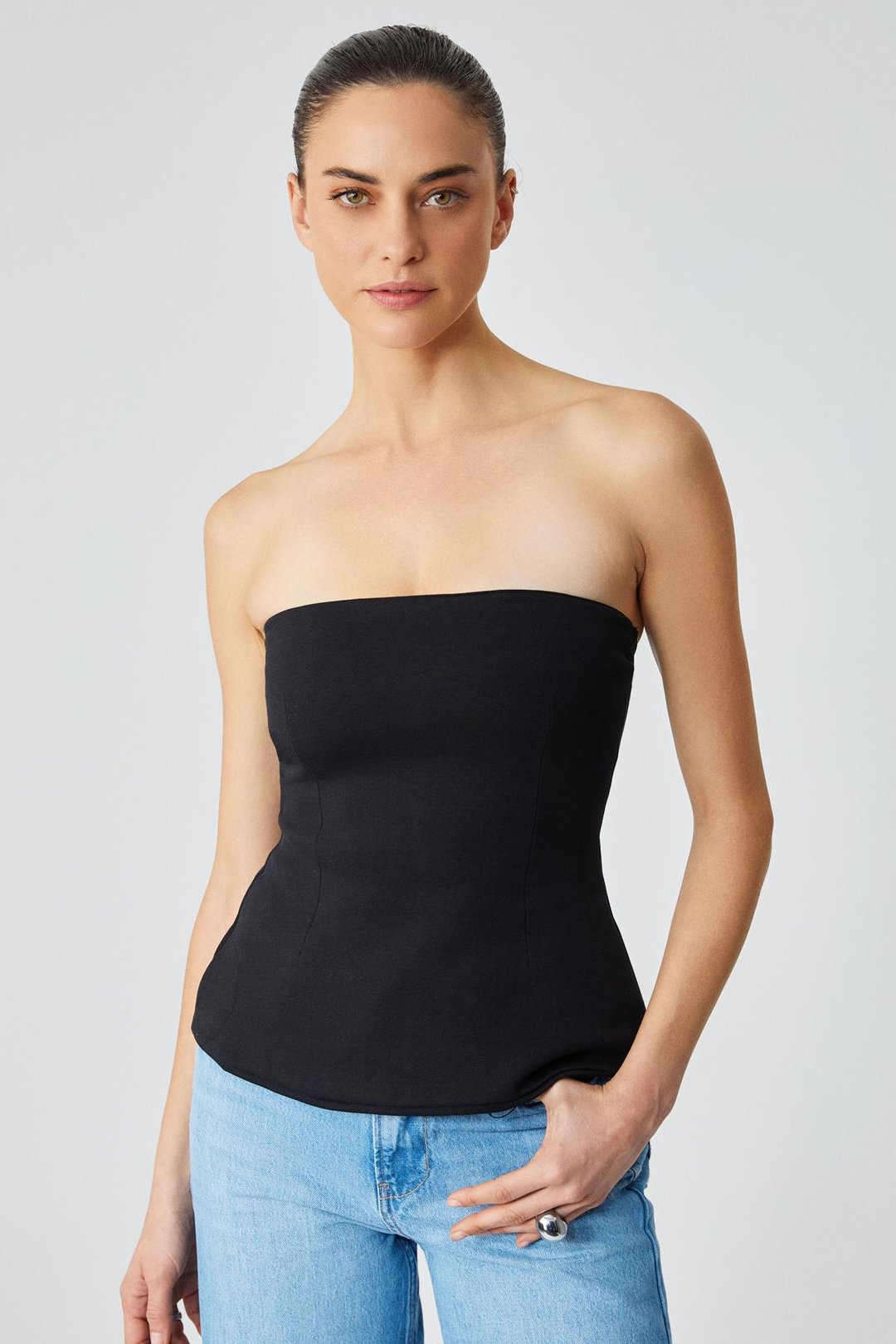 ORIANA Kadın Slim Fit Straplez Siyah Bluz