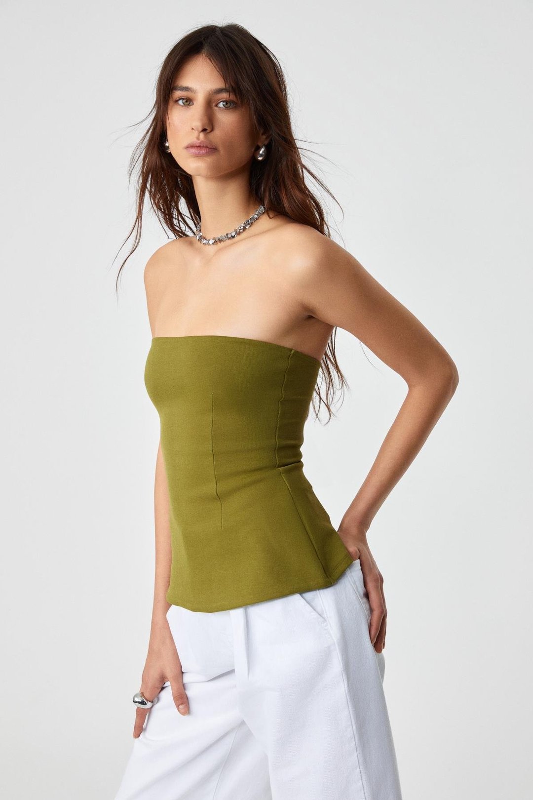 ORIANA Kadın Slim Fit Straplez Yeşil Bluz